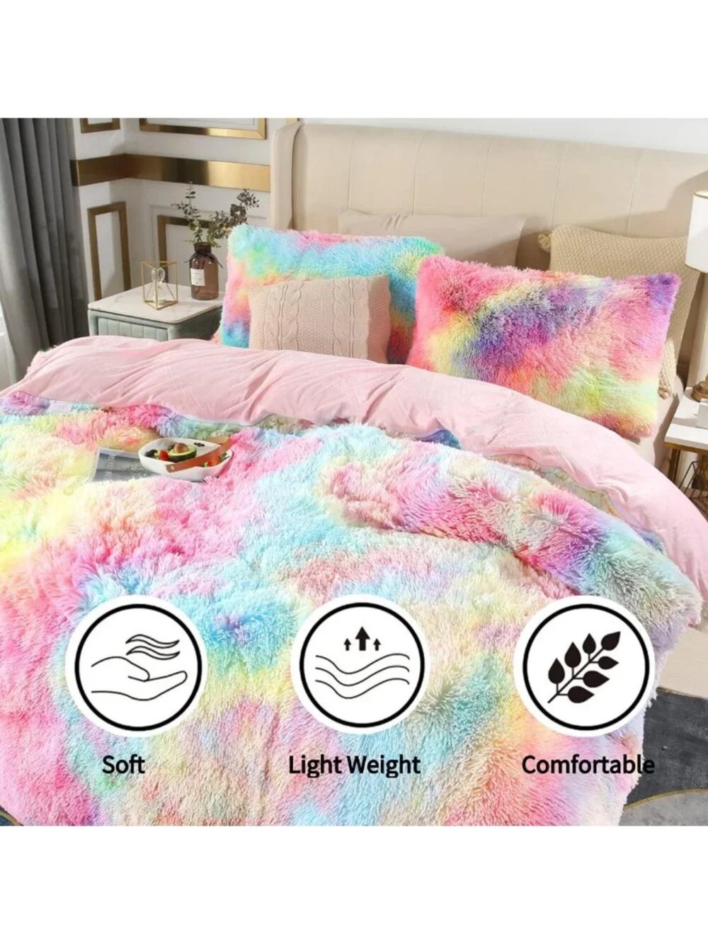 Rainbow Long Hair Twin Bedding Set - 3 Pieces, Colorful Girls' Room Decor
